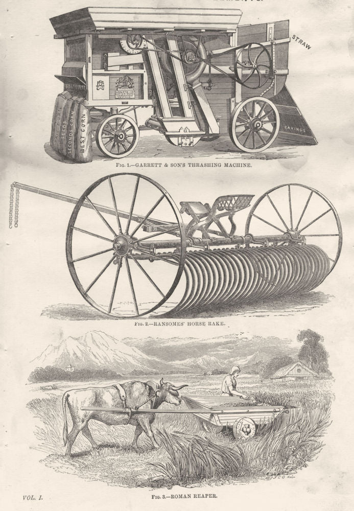 FARM TOOLS.Garrett Son's Thrashing machine;Ransomes Horse Rake;Roman Reaper 1880
